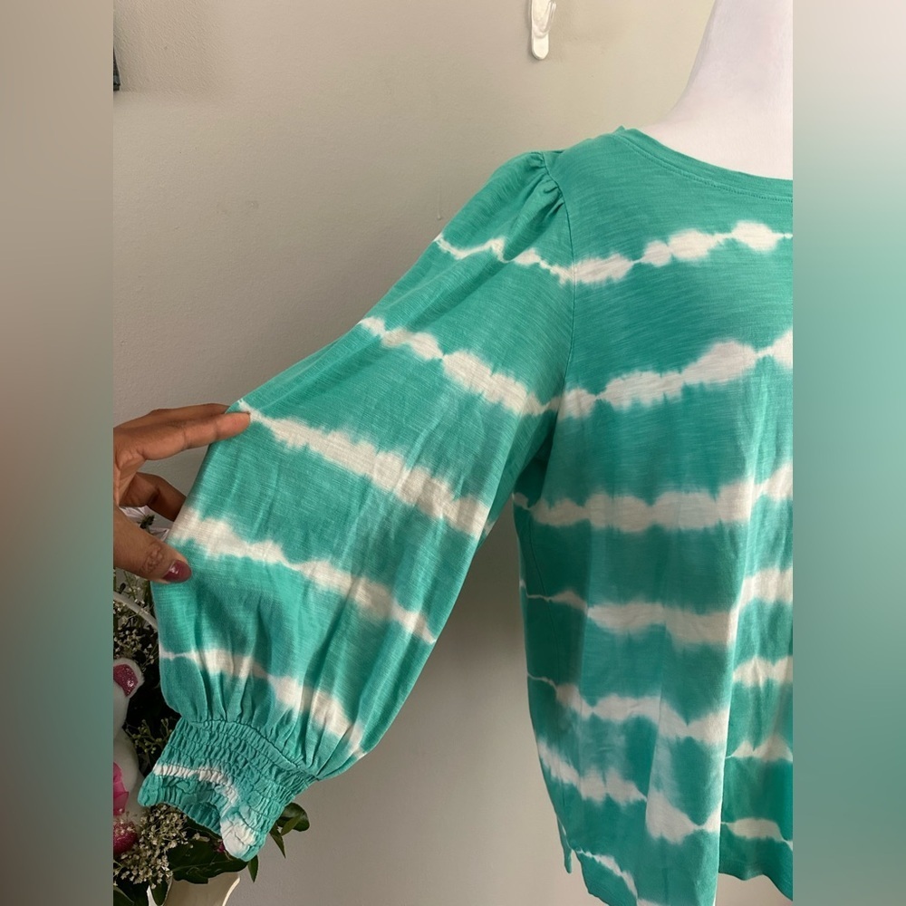 Crown & Ivy Jade Stripe Knit Puff Sleeve Blouse Top Casual Women’s Dye Green XL - Picture 2 of 6
